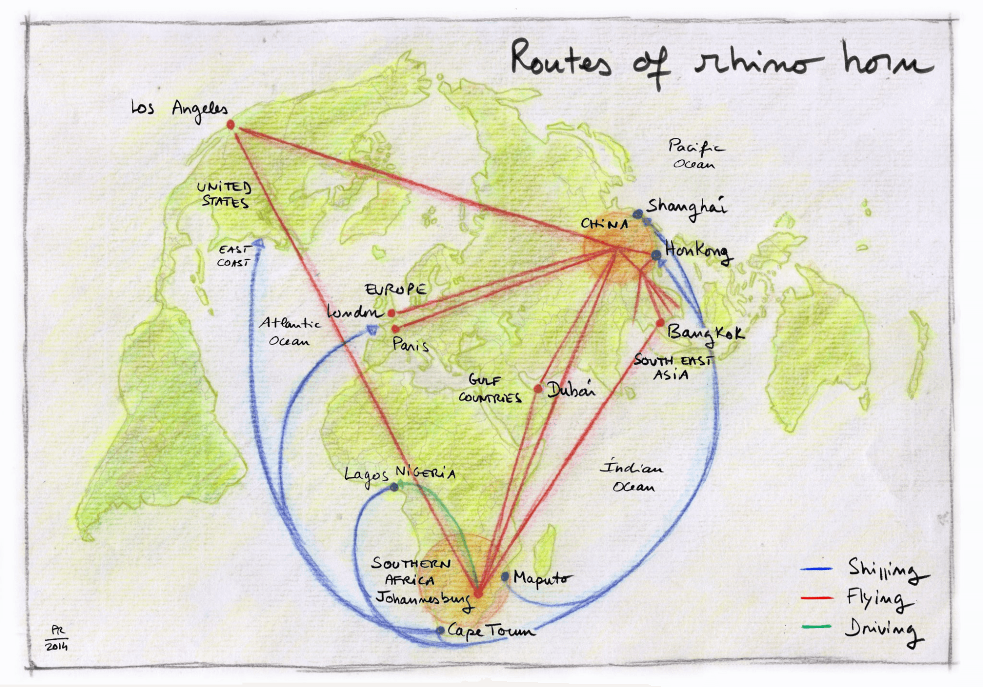 Reka rhino horn trade illustrated map